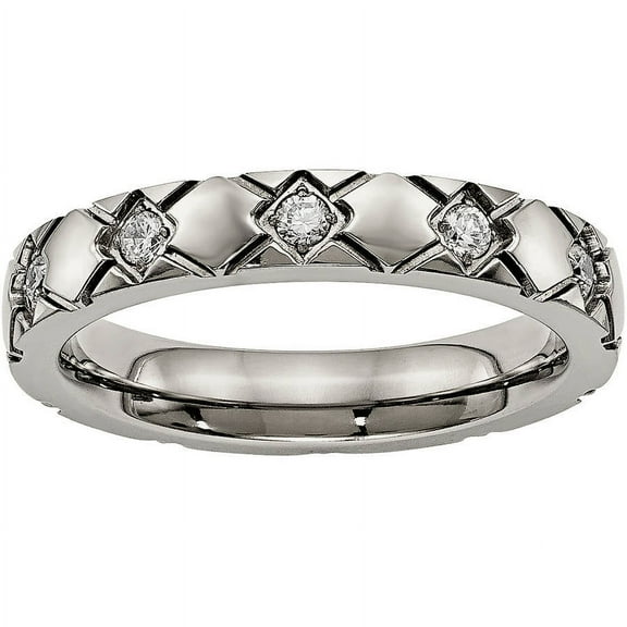 Titanium Polished Criss Cross Grooved CZ Ring