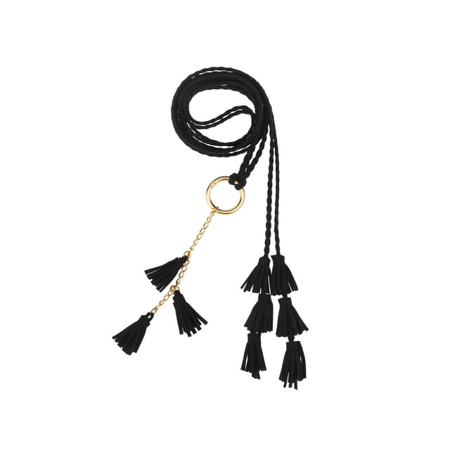 Cinturones de cuerda trenzada para mujeres INSPIRE CHIC, cinturones delgados bohemios con borlas y cadena, con anillo de metal para falda o vestido 47.2x0.2" negro