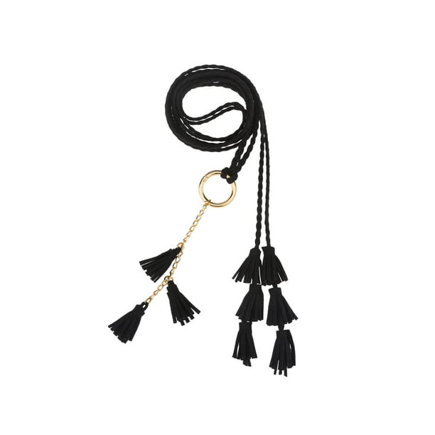Cinturones de cuerda trenzada para mujeres INSPIRE CHIC, cinturones delgados bohemios con borlas y cadena, con anillo de metal para falda o vestido 47.2x0.2" negro