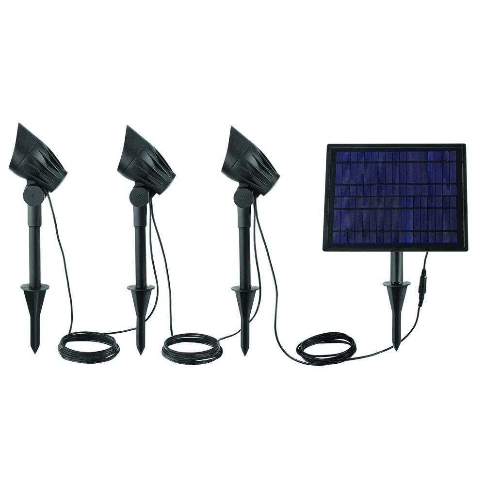 Solar Black LED 75 150 Lumen High Low 3 Head Metal Spotlight by