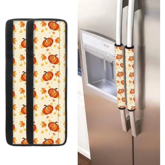 NETILGEN 2 Pieces Refrigerator Door Handle Covers Set for Thanksgiving Day Decor Non-Slip Kitchen Appliance Fridge Dishwashers Microwave Door Handle Covers Maple Leaf Pumpkins