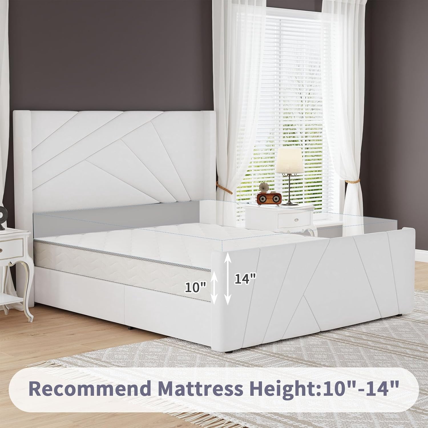 4 EVER WINNER Full Bed Frame, Velvet Upholstered Platform Bed with Headboard and Footbaord, Geometric Tufted Wingback Headboard & Footboard, White