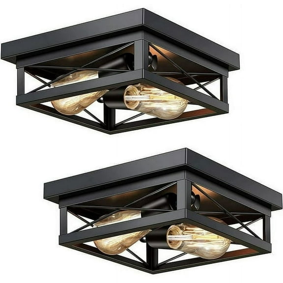 2-Light Farmhouse Flush Mount Ceiling Light,Industrial Metal Light Fixture,for Hallway Bedroom Kitchen, Oil Rubbed Black