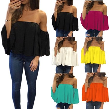 Chiffon Blouse Half Sleeve Slash Neck Soild Shirt Women Strapless Off Shoulder Fashion Feminine Blouses Ladies Tops