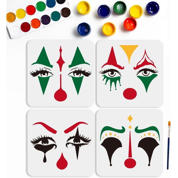 Plantillas de ojos de payaso (4 unidades, 20x20 cm) para pintar con pincel. Ideales para decorar lienzos, paredes, madera, manualidades y decoración del hogar.