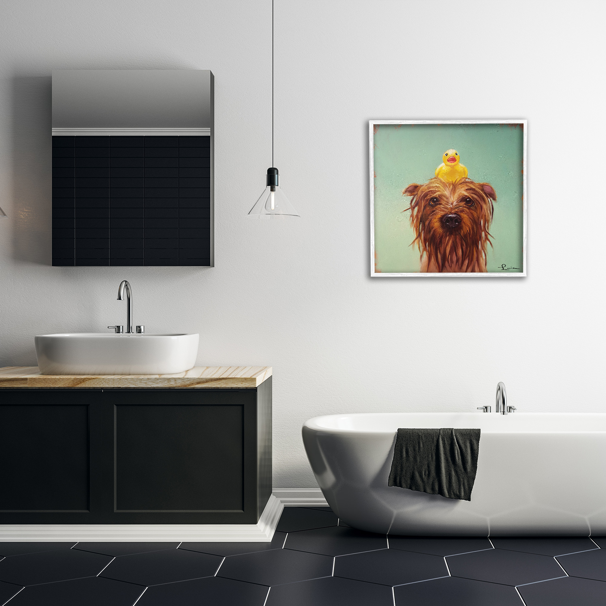 Stupell Industries Wet Dog with a Rubber Ducky Animals & Insects Painting White Framed Art Print Wall Art, 24 x 24
