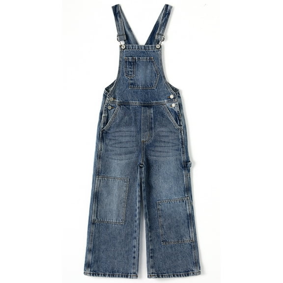 KIDSCOOL SPACE Girls’ Denim Overalls, Wide Leg Jean Dungaree Pants,Light Blue,7-8 Years
