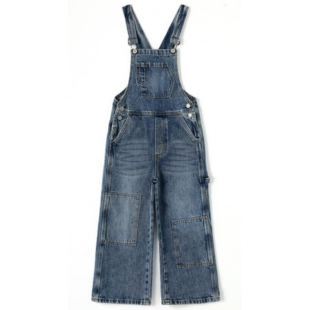 KIDSCOOL SPACE Girls' Denim Overalls Wide Leg Jean Dungaree Pants Light Blue 4-5 Years