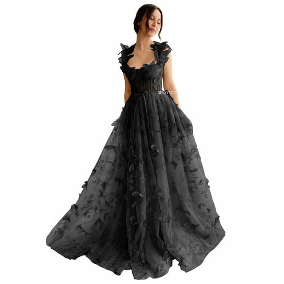 EESK Women's Tulle Prom Dresses for Teens Long 3D Butterfly Sweetheart Ball Gowns Formal Gowns and Evening Dresses with Slit Black