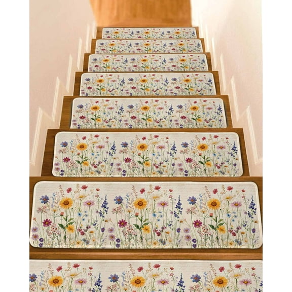 Botanical Floral Stair Treads for Wooden Steps Indoor Runner Rug Carpet, Retro Purple Pink Yellow Wildflowers 7 Pieces Peel and Stick Staircase Step Treads Covers Washable Throw Door Mats, 30"x8"