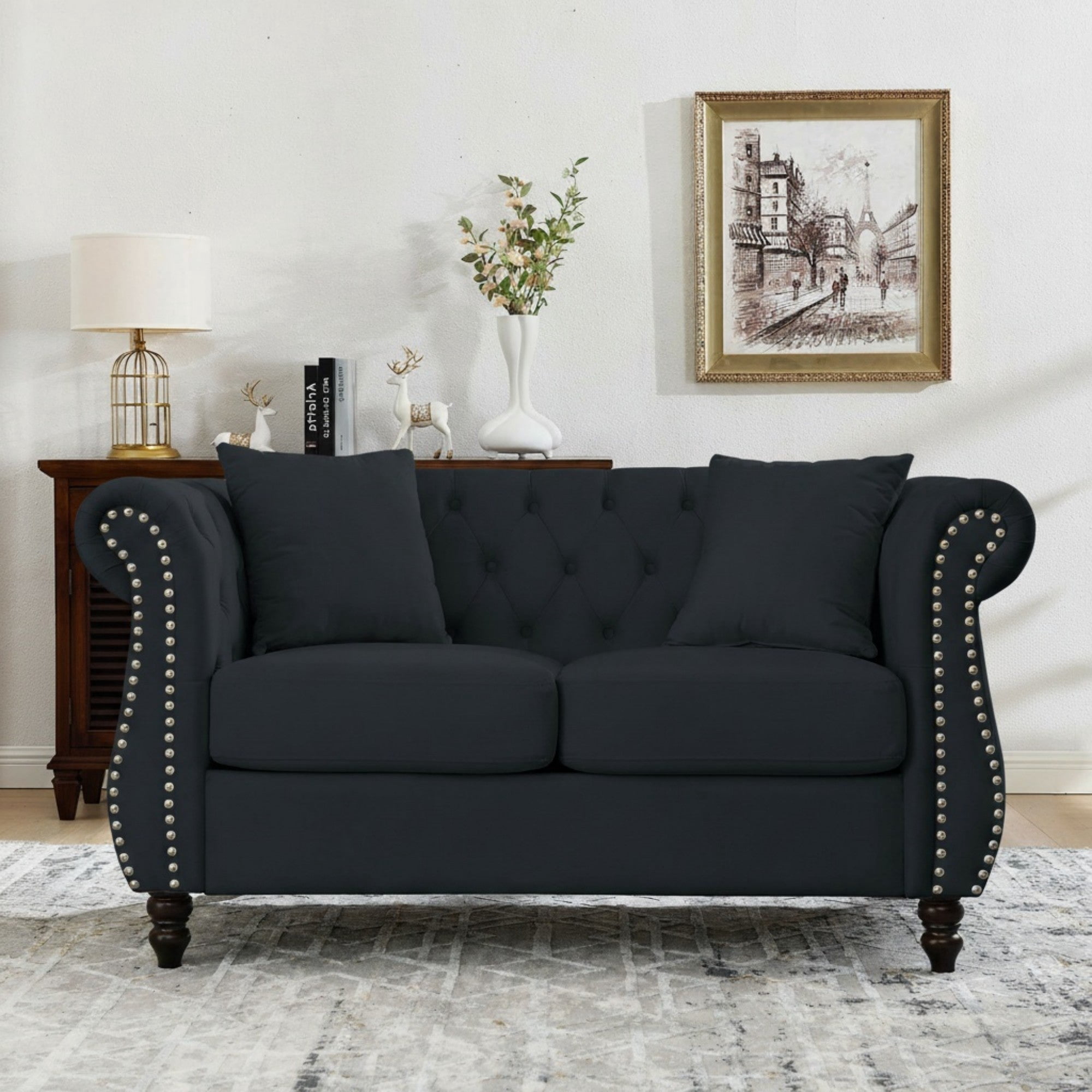 Sailvan 58.8" Velvet Chesterfield Sofa, 2 Seater Tufted Loveseat with Rolled Arms & Nailhead Trim,Couch for Living Room & Office Black