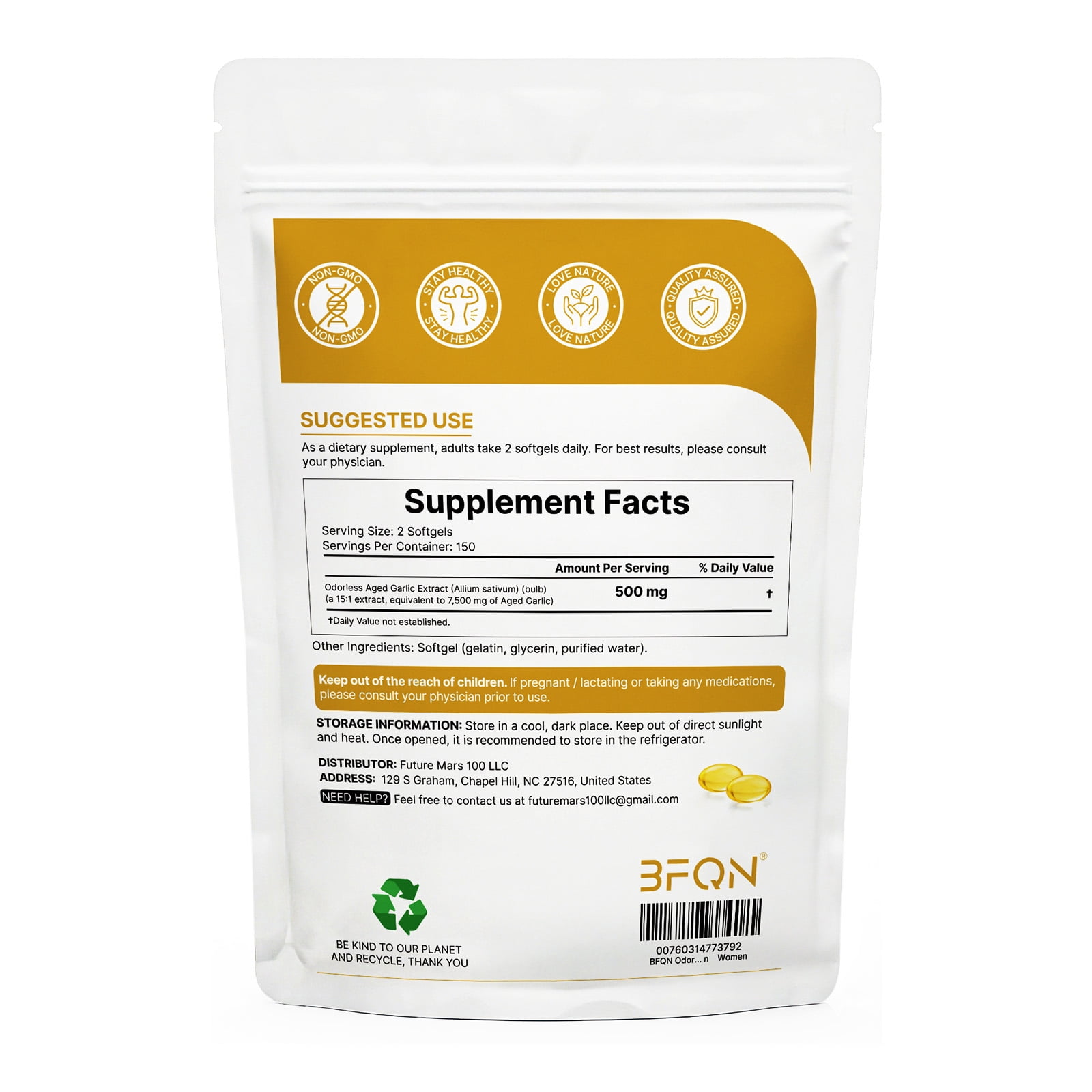 BFQN  Aged Garlic Extract Softgels – 2-Year Aged Allium Sativum, Non-GMO, Gluten-Free, 300 Softgels (5-Month Supply for Men & Women)