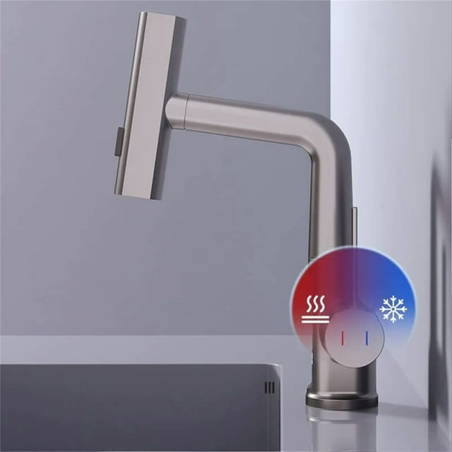 Pull Out Kitchen Faucet, Single Handle Lavatory Faucet Digital Display Bathroom Faucet 360 Rotation 5 Water Modes Copper Pulling Lifting Faucet for Kitchen, Laundry, Bathroom