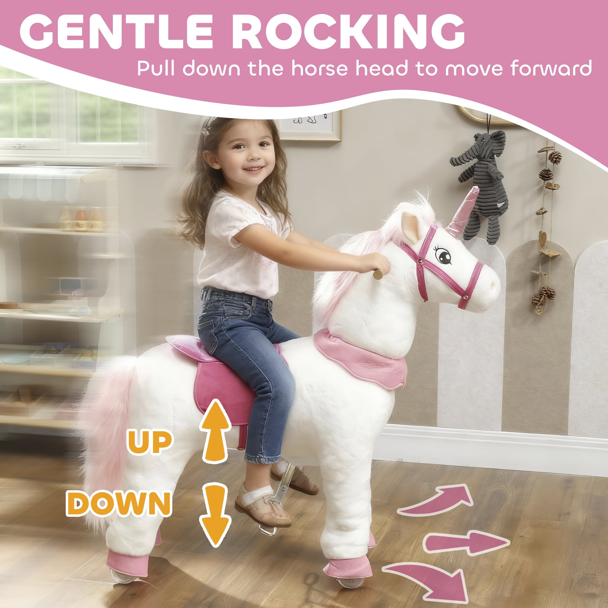 Qaba Ride on Unicorn Toy for Kids 4-7 Years, 37.8 Inch Plush Baby Rocking Horse, Mechanical Walking Animal with Wheels, No Batteries Required, White
