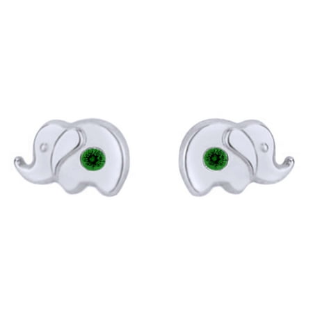Girls Emerald Green - Round Shape Simulated Green Emerald Little Girls Elephant Stud Earrings 14K White Gold Over Sterling Silver