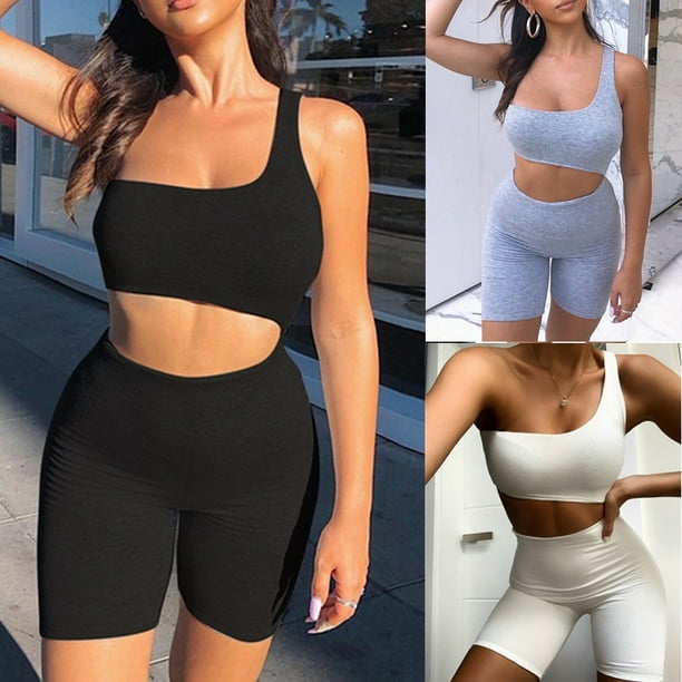 Women's Casual Clothes Set Summer Off-Shoulder Crop Tops Elastic Shorts  Tight Gym Wear Two Piece Set Outfits 