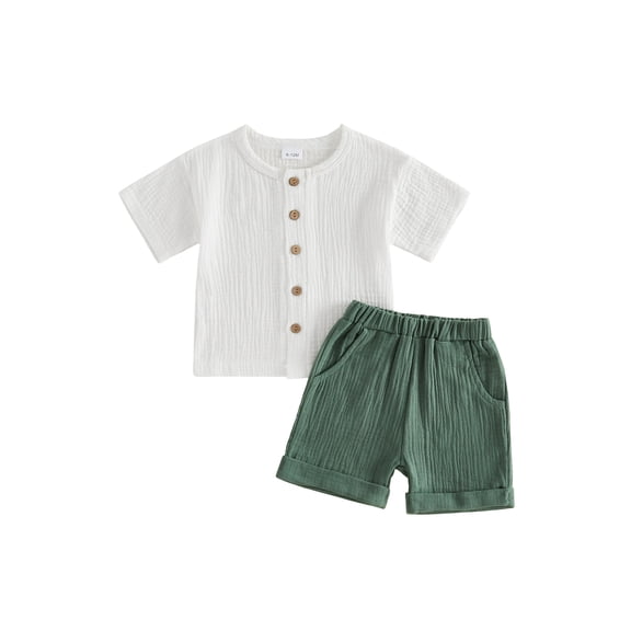 BemeyourBBs Toddler Baby Boy Summer Clothes Infant baby Boys Cotton Linen Outfits Short Sleeve Solid Color Button Down Shirt Tops and Elastic Waist Pockets Shorts 2Pcs Set
