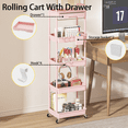 thumbnail image 4 of LLMRR 5 Tier Rolling Cart with Drawer, Utility cart with Handle, Bathroom Cart, Snack Cart, Storage Organizer with Lockable Wheels, Rolling Storage Cart for Kitchen, Bathroom, Office, Pink, 5 Tier, 4 of 7