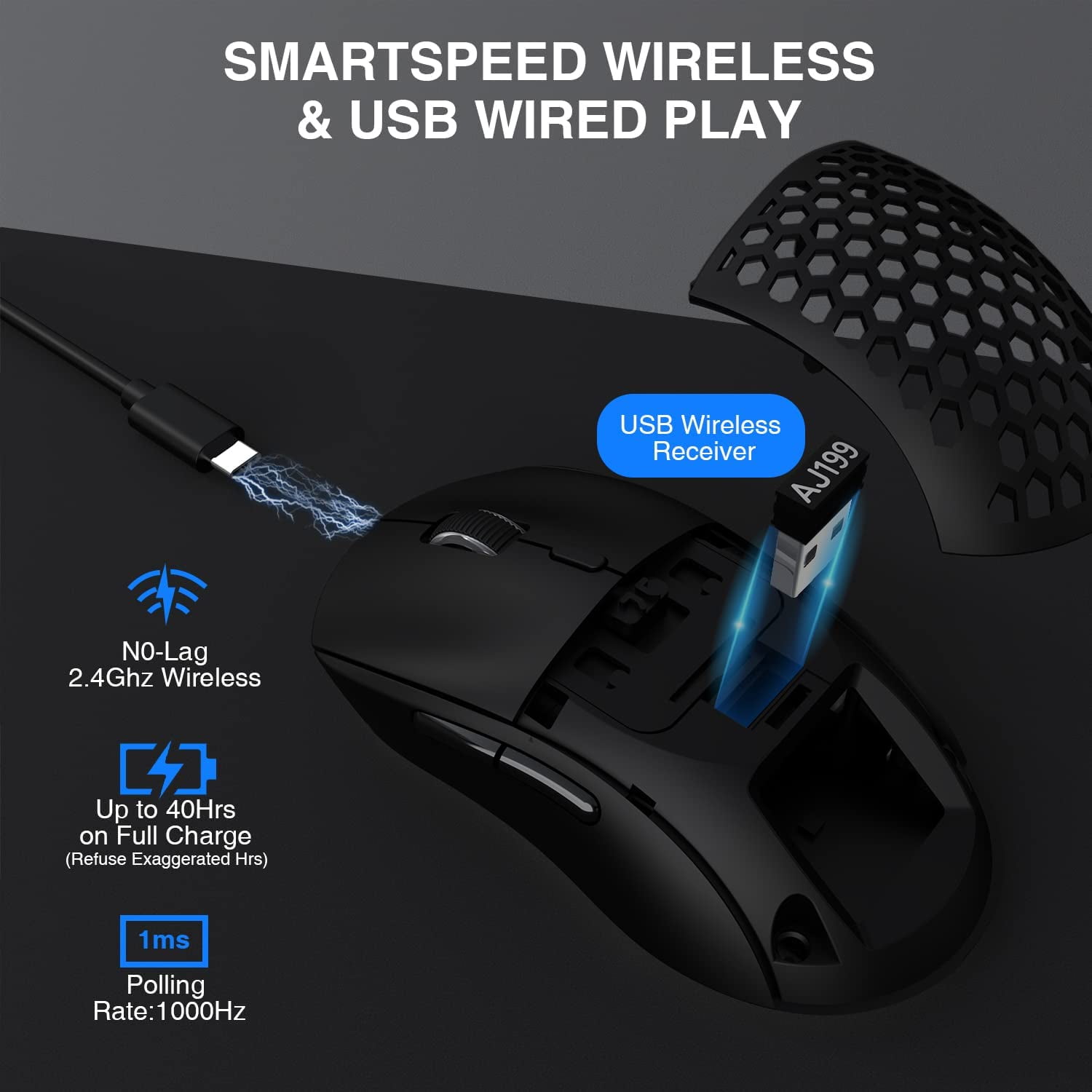 AJAZZ AJ199 Ambidextrous Ergonomic Design Optical Wireless Gaming Mouse, Black