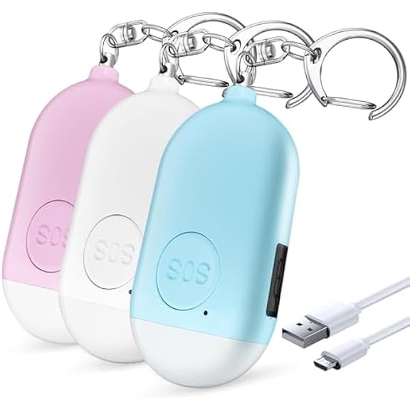 ZLCPersonal Safety Alarm - 3-Pack - Rechargeable - Strobe LED Flashlight - SOS Emergency Loud Siren - Self-Defense Keychain - for Women, Students, Children, Seniors (White, Pink, Blue)