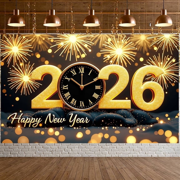 Golden Theme 2026 Banner Fireworks Design New Year Banner Clock 2026 Numerals Happy New Year Banner for New Year Celebration 2026 New Year New Year's Eve Party