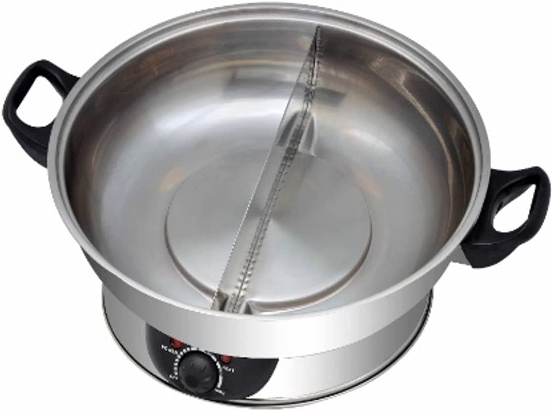 LP Living Plus Electric Dual Sided Stainless Steel Shabu Shabu Hot Pot with Burner and Glass Lid 5.0L