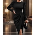 thumbnail image 5 of Dress for Women Round Neck Solid Color Side Split Bodycon Cocktail Long Sleeve Party Midi Dress Black M, 5 of 7