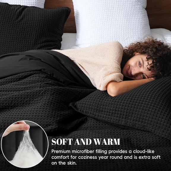 Ultra Soft Waffle Weave Comforter Set Size, 3 Pieces Lightweight Breathable Comfy Bedding Set for All Season, Comfy Textured 1 Comforter with 2 Pillow Shams, Black