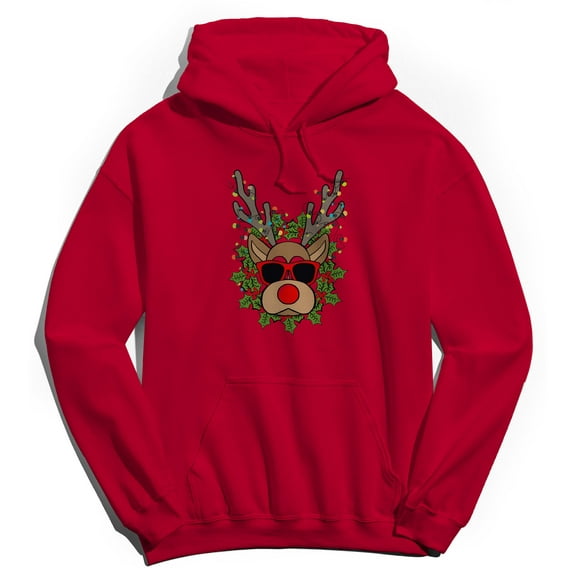 Christmas Holiday Holiday Reindeer Head Graphic Red Men's Cotton Pullover Hoodie