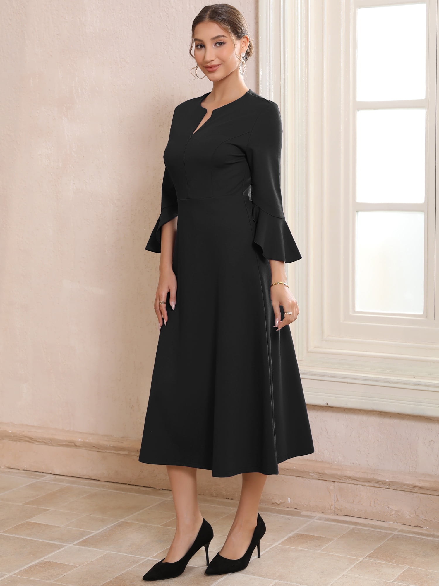 DARING DIVA Women's Zipper Front Bell Sleeves Midi A-Line Dresses L Black