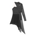 thumbnail image 5 of ranrann Women Glitter Asymmetrical Skating Dress Long Sleeve Leotard Sheer Mesh Ballet Dance Leotard Black M, 5 of 7
