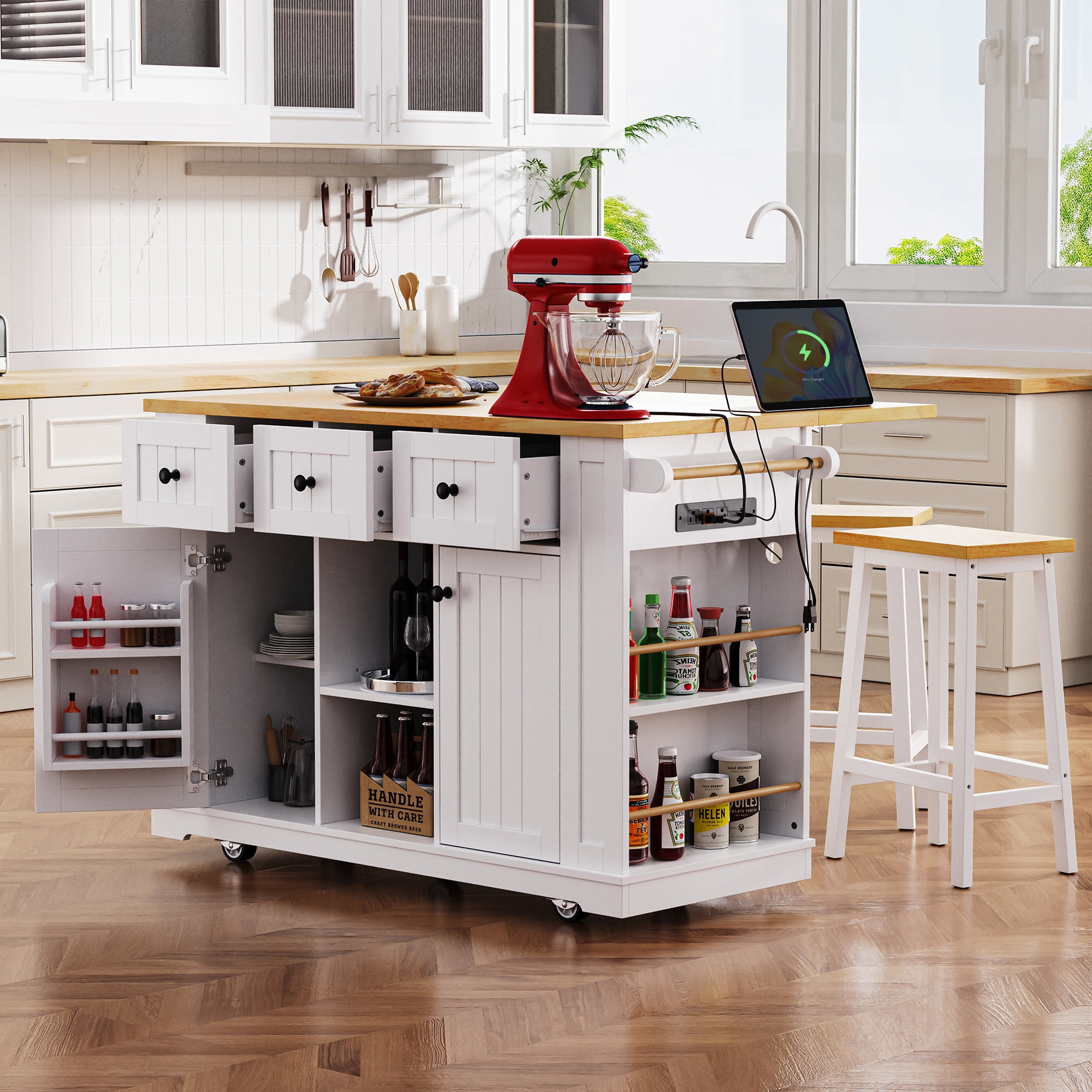 Yoneston 53" Rolling Kitchen Island with 2 Bar Stools, Kitchen Storage Cart with Power Outlet, Internal Storage Rack, Drop Leaf, 5 Open Side Racks, 3 Drawers 2 Doors for Kitchen Dining Room, White