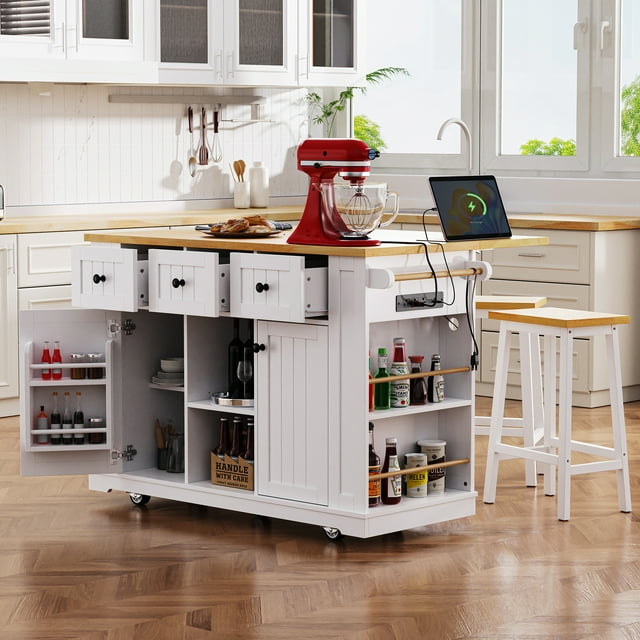 53inch Large Kitchen Island with Drop Leaf, Power Outlet, Door Internal Storage Rack, Rolling Kitchen Cart on 5 Wheels with 5 Open Side Racks for Kitchen, Dining Room,White