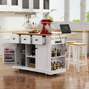 Yoneston 53 Rolling Kitchen Island with 2 Bar Stools, Kitchen Storage Cart with Power Outlet, Internal Storage Rack, Drop Leaf, 5 Open Side Racks, 3 Drawers 2 Doors for Kitchen Dining Room, White