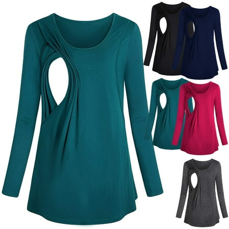 

Tejiojio Maternity/Labor/Nursing Clothing Clearance Pregnant Women Clothes Round Neck Solid Color Long-sleeved Breastfeeding Outfit