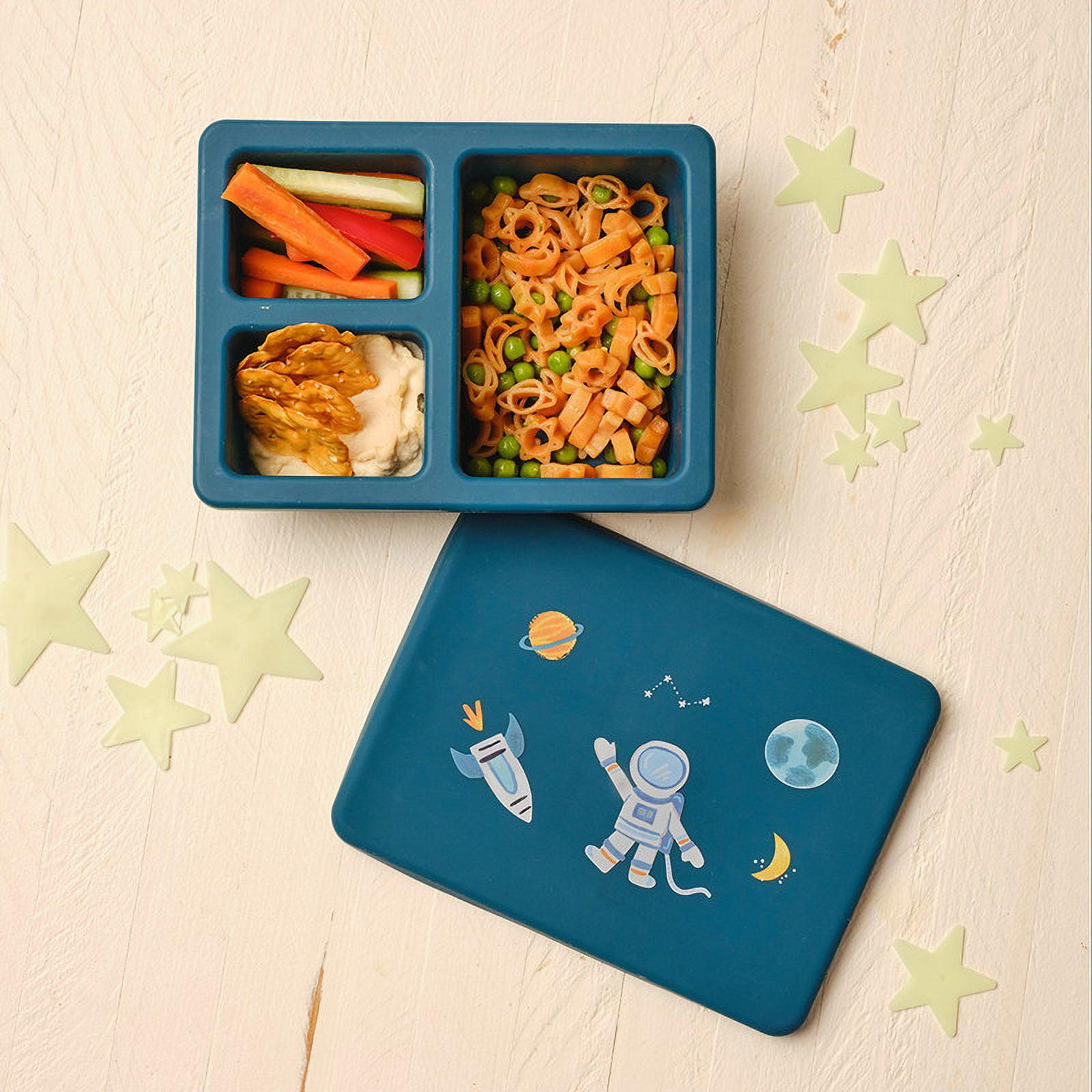 Austin Baby Co Leak-Proof Mini Bento Lunch Box for Toddler and Kids – Silicone Container with 3 Leakproof Compartments – Food-Safe Materials, Dishwasher Safe, and BPA Free (Space Galaxy Blue)