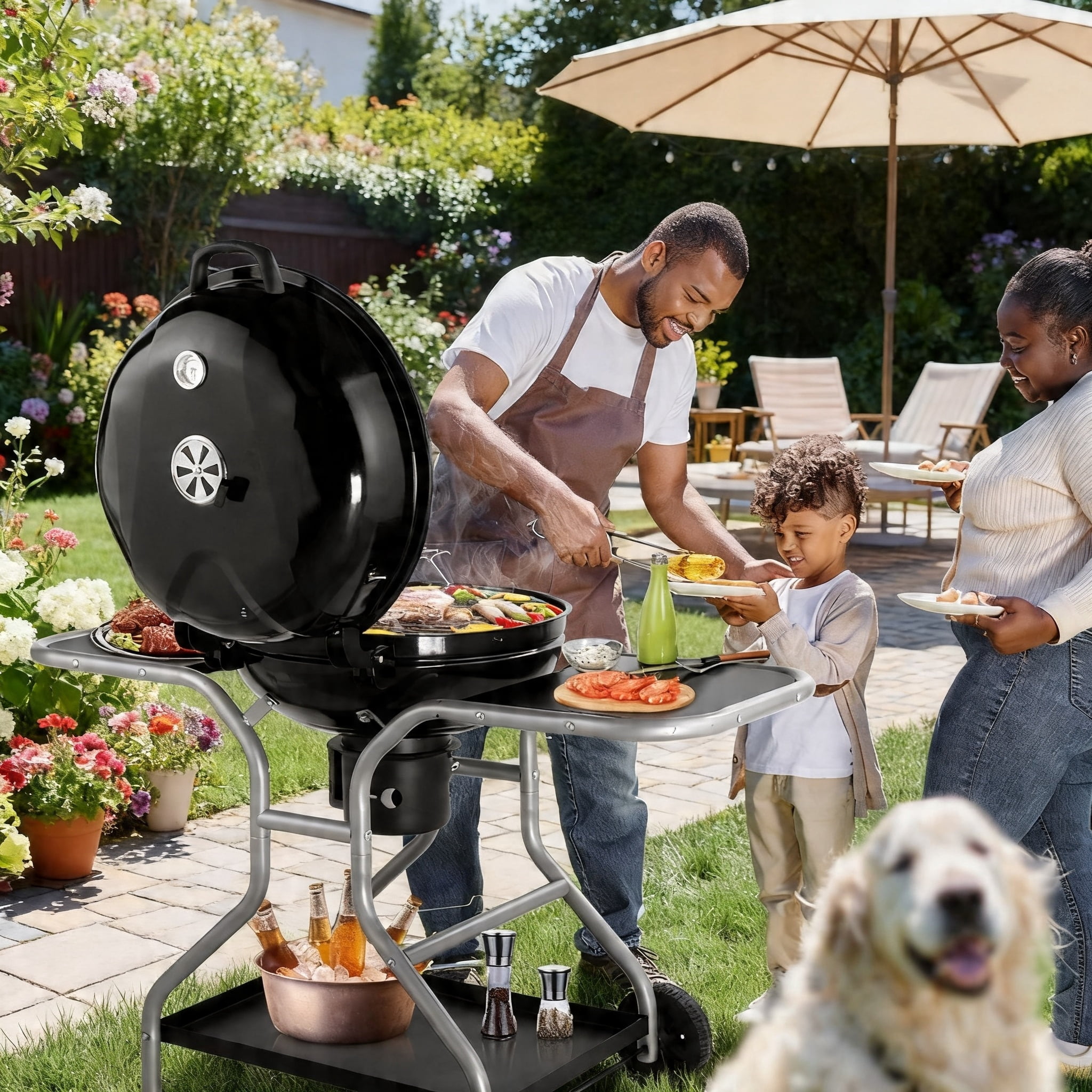 LODZPK Portable Kettle Charcoal Grill with 2 Side Tables, Storage Shelf & Upgraded Ash Catcher, Outdoor BBQ with Thermometer & Air Vents (Wheels Included)