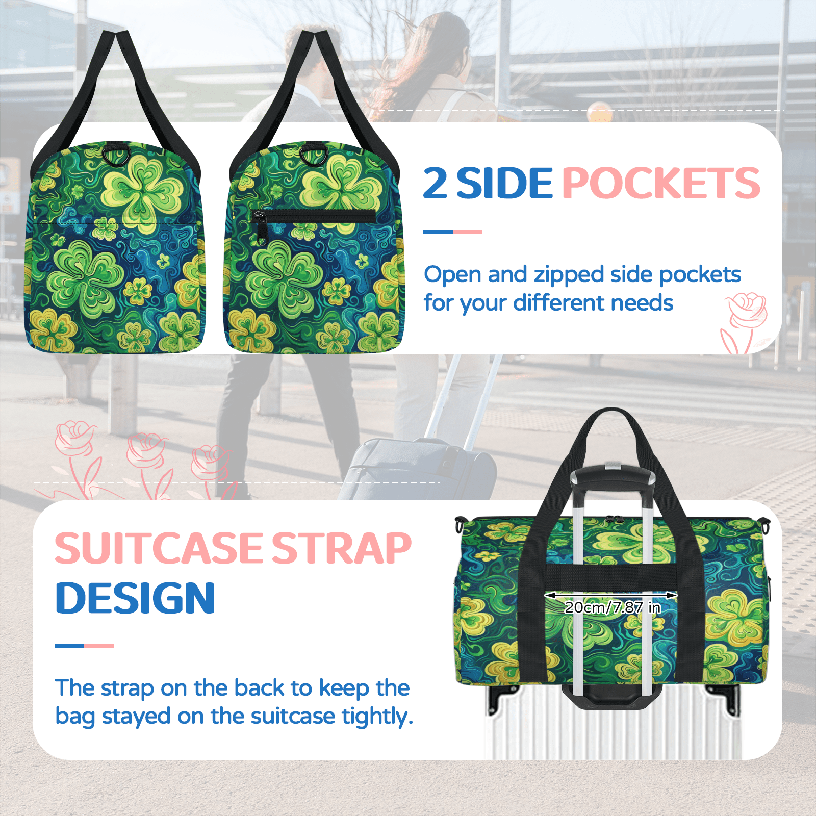 Herdesigns St Patricks Day Gym Bag for Women, Duffle Bag for Travel Sport, Lucky Clover Shamrock Lightweight Waterproof Carry on Weekender Dance Yoga Workout Bags