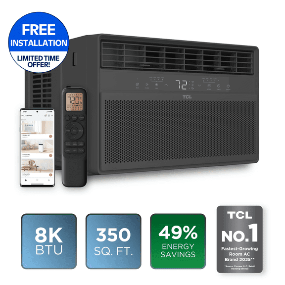 TCL 8,000 BTU Smart Inverter Window Air Conditioner (Black) - 350 Sq ft with up to 49% Energy Savings, Quiet Cooling Tech, 3-in-1 Cooling, Fan & Dehumidifier, Matter Wi-Fi, Remote Control - W8WC72-B