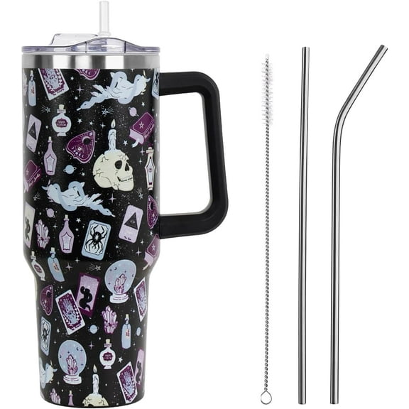 Halloween Tumbler with Lid and Straw 40oz,Gothic Pink Magic Crystals Tarot Cards Potions Skulls Vacuum Insulated Leak Proof Tumbler,Goth Spooky Gift Accessories Stainless Steel Coffee Cup Women Girls