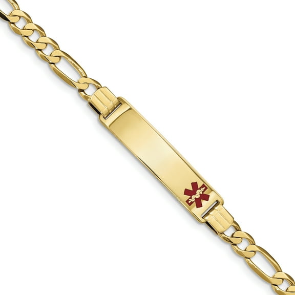 14K Medical Red Enamel Flat Figaro Link ID Bracelet (Weight: 14.14 Grams, Length: 7 Inches)