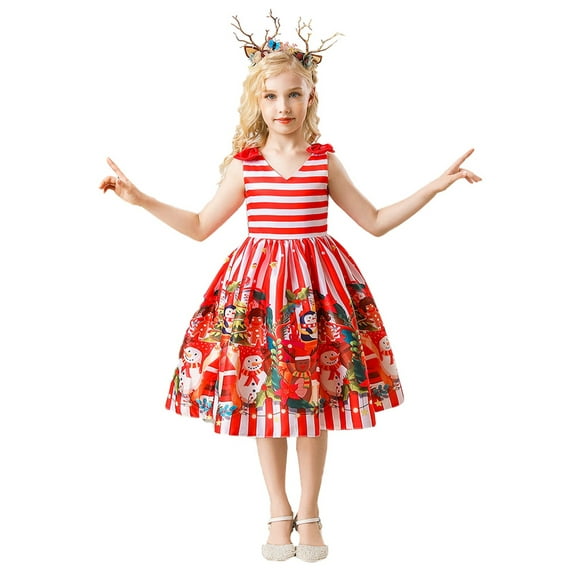 Gureui Child Kid Girls Christmas Clothes Santa Elk Snowman Print Formal Party Princess Dress Lace A-line Skirt Ball Gown