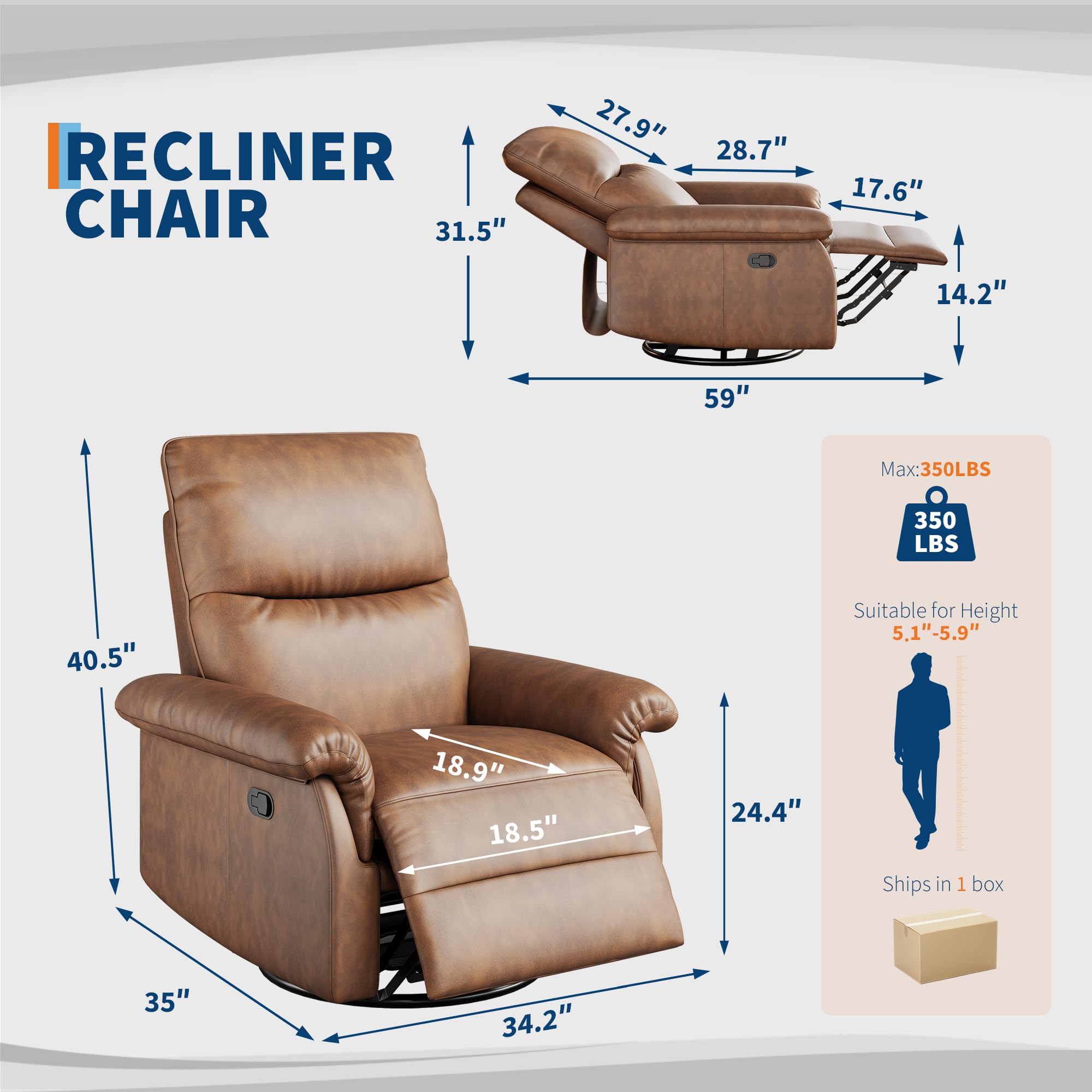 Soonbuy Swivel Rocking Nursery Recliner Chair, Rocker Recliner Glider Deep Seat, PU Leather Sofa Chair with high Backrest for Nursery, Living Room, Bedroom & Home Movie Theater, Orange/Black