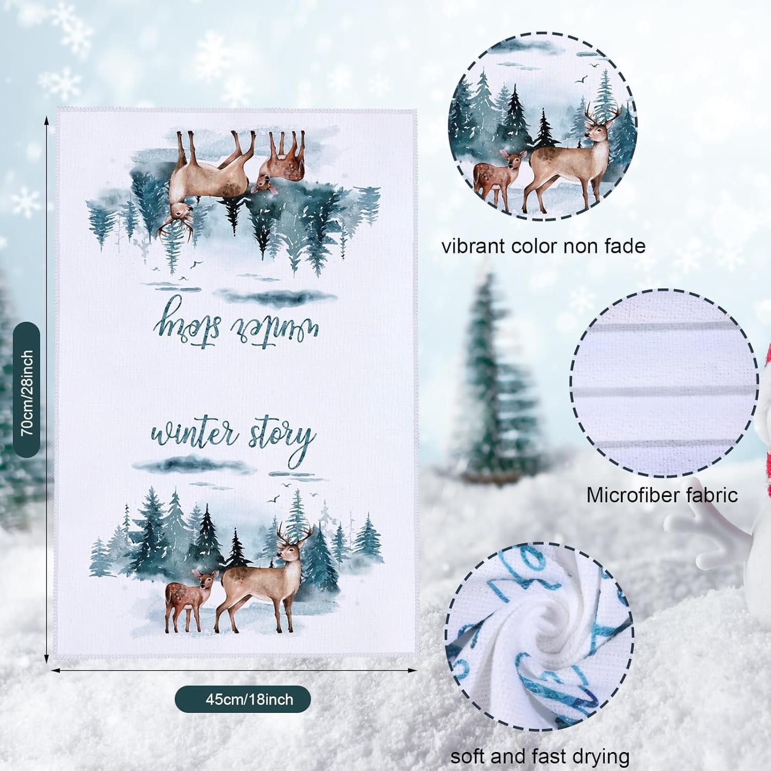 pogooe 6 Pcs Christmas Kitchen Towels Hello Winter Tea Towels Pine Trees Reindeer Dish Towels Woodland Dish Cloths Snow Home Decoration for Winter Housewarming Cooking Bathroom Gift, 18 x 26''''