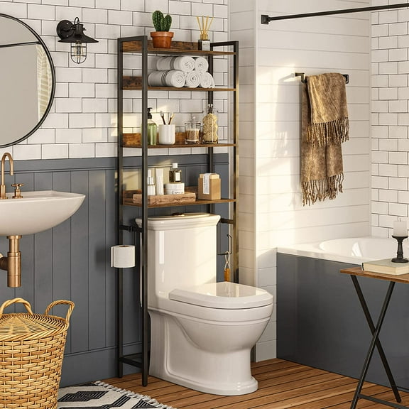 Over The Toilet Storage Rack, 4 Tier Bathroom Organizer Over Toilet, Freestanding Space Saver Toilet Stand with 2 Hooks, Bathroom Storage Shelf, Easy to Assemble, Rustic Brown TSHR0401Z