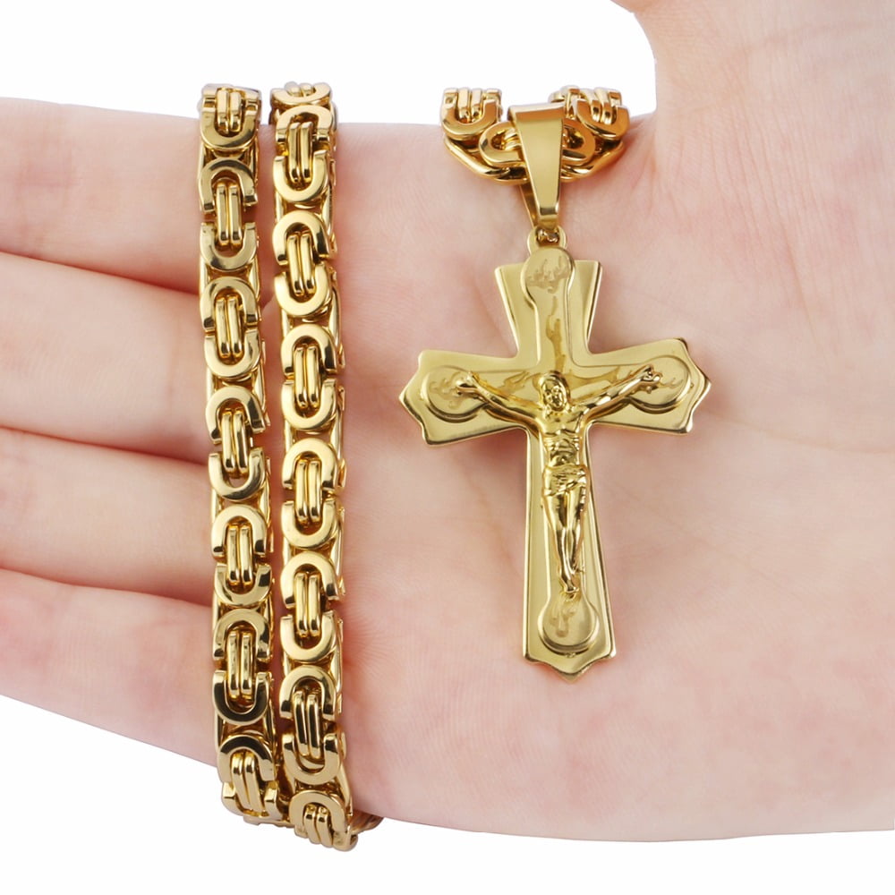 Lovelords Religious Jesus 14k Yellow Gold Cross Necklace Men Crucifix Pendant with Chain Necklaces Male Necklace Jewelry
