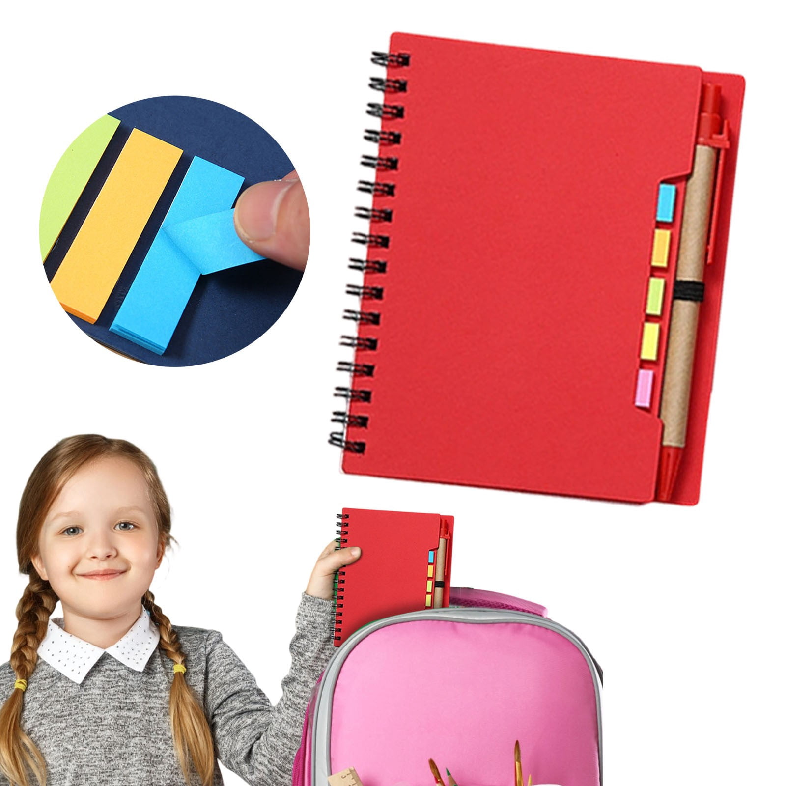 4 Pcs Lined Spiral Notebooks with Sticky Notes and Pens Kraft Notebook with Pen Bulk Sticky Coil Notepad Monthly Planner Notepad for Smooth Writing Meeting Notes Reminders, 5.7"x4.56", Multicolor