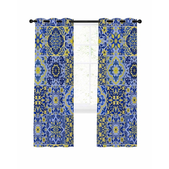 Blue Floral Pattern Blackout Curtains for Bedroom Living Room, Yellow Flower Vintage Farm Plant Country 63 In Long Thermal Insulated Room Darkening Drapes Grommet Window Treatments, 52 x 63 In