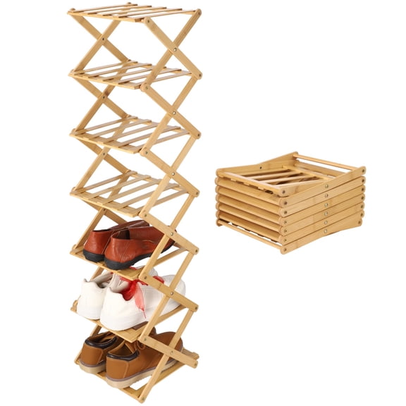 7 Tier Wooden Vertical Shoe Rack, Folding Narrow Shoe Organizer, Standing Portable Shoe Storage Shelf for Entryway, Bedroom, Living Room Corner and Small Spaces, No Installation, Space-Saving