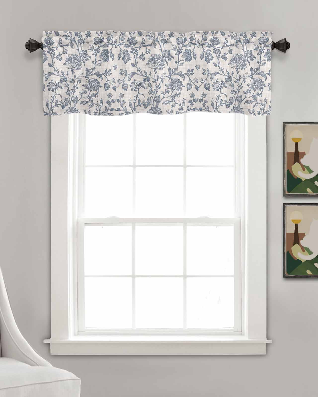 Blue Floral Kitchen Valances for Windows Farmhouse Linen Window Valance Curtain for Living Room Window Treatment Farmhouse Vintage Flower Leaf Botanical Valance Rod Pocket Topper Drape, 42 x 12 Inch